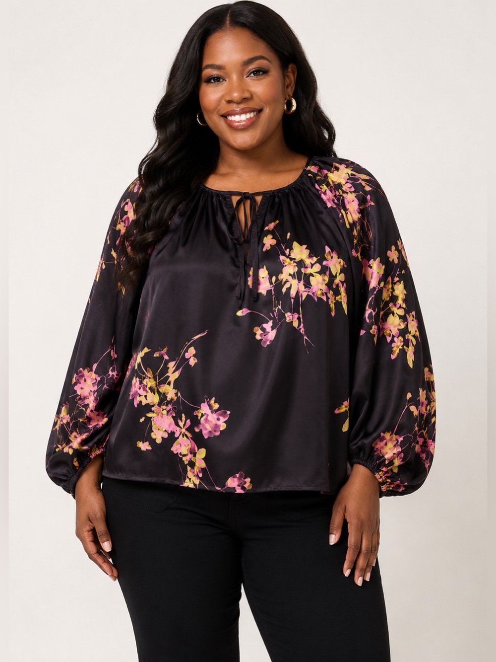 Vince Camuto Floral Satin Peasant Blouse - Black Floral Size 1X NWT